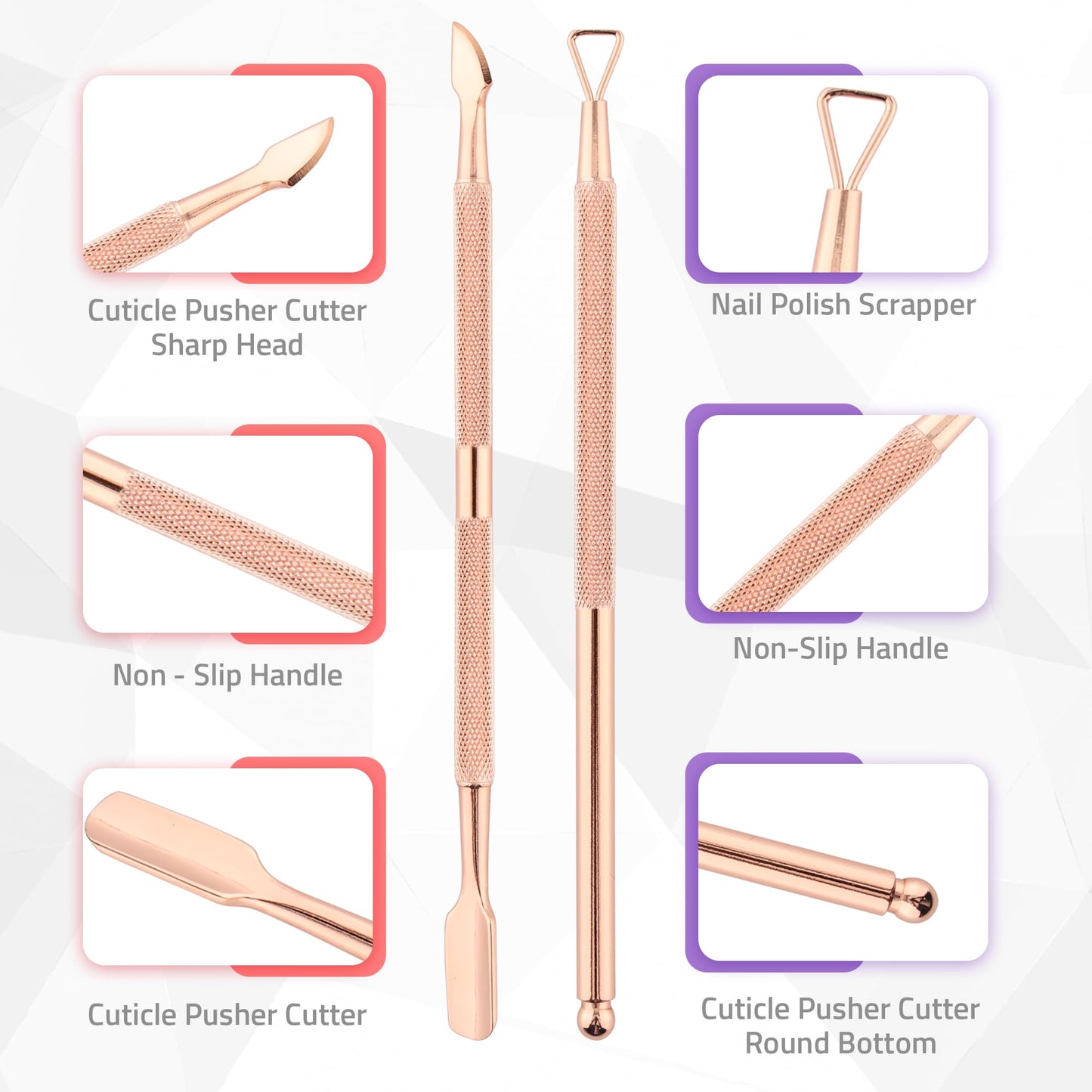 Utopia Care dual ended cuticle pusher and nail polish scraper tool showcasing the flat and sharp heads