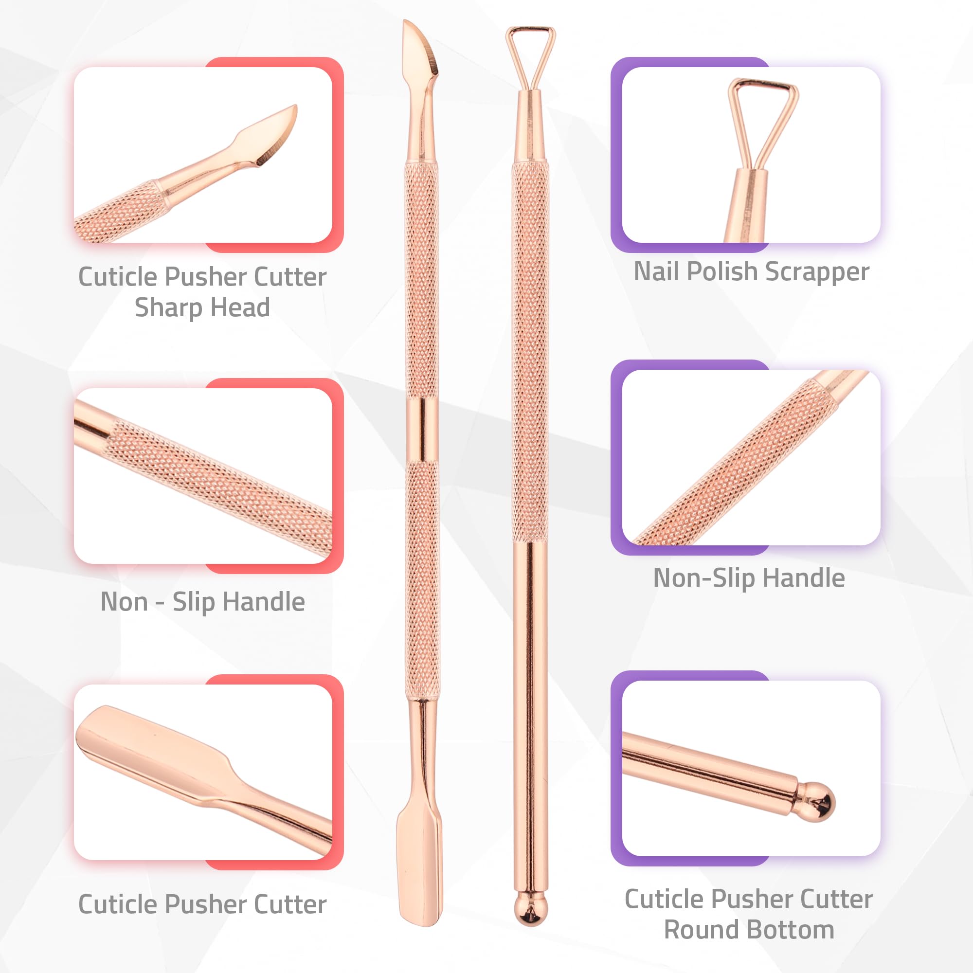 Utopia Care dual ended cuticle pusher and nail polish scraper tool showcasing the flat and sharp heads