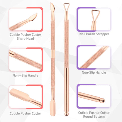 Utopia Care dual ended cuticle pusher and nail polish scraper tool showcasing the flat and sharp heads