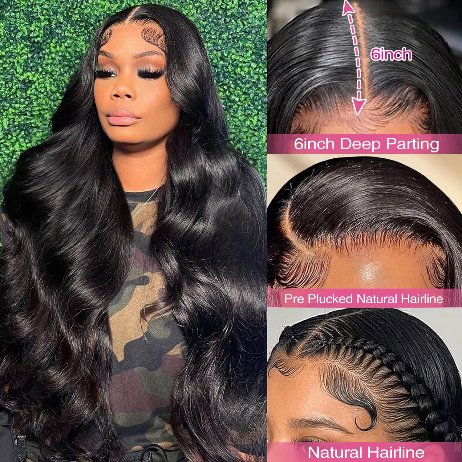 Close-up of the 13x6 HD transparent lace frontal showcasing the pre-plucked parting space.