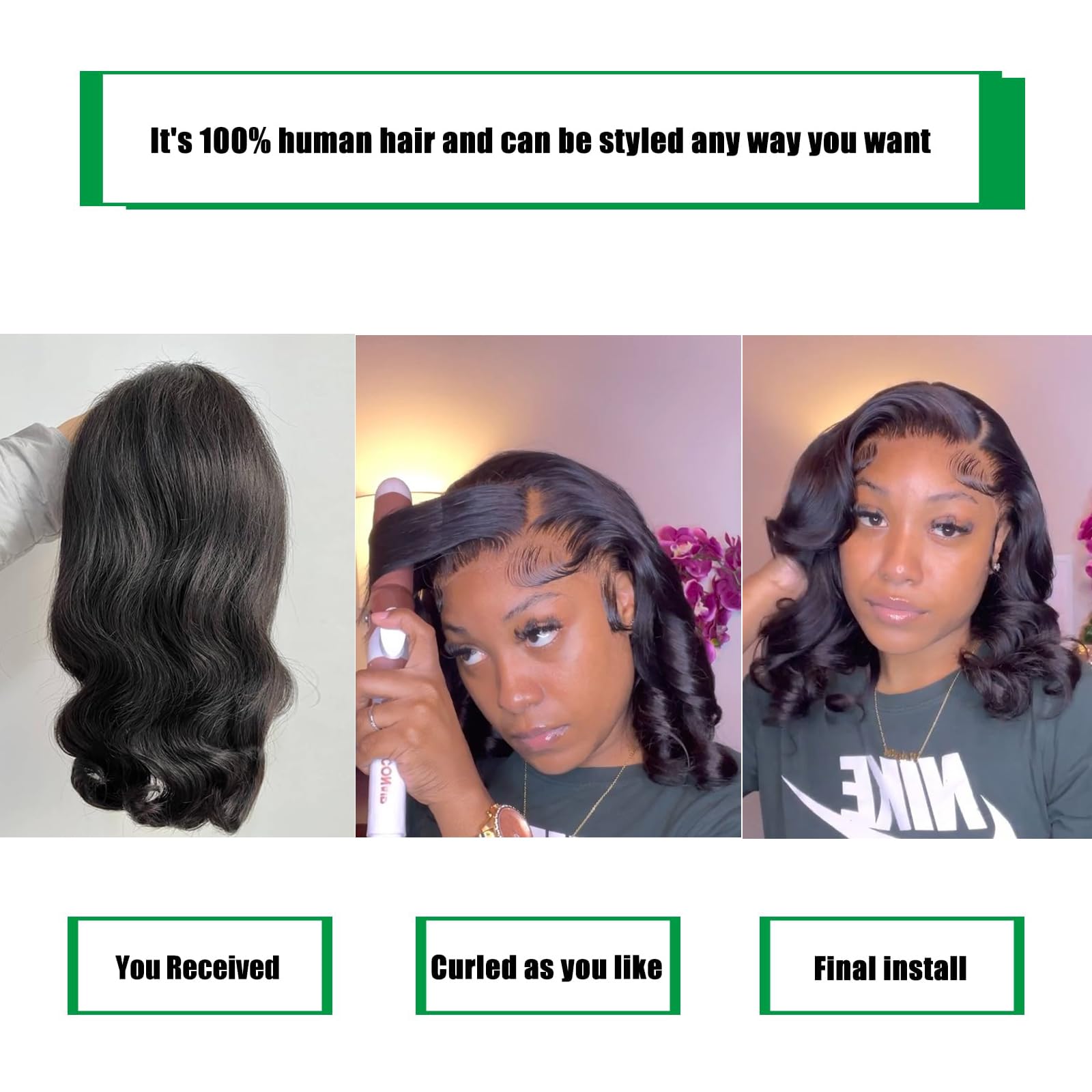 Douyin body wave human hair wig styled in a middle part on a mannequin head.