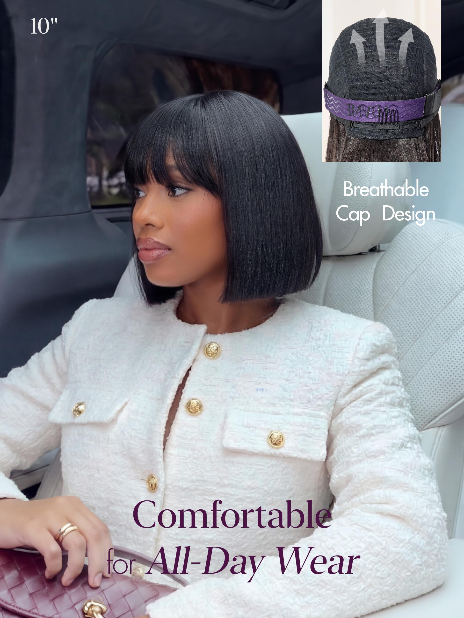 LUVME HAIR ready to go blunt cut bob wig interior cap construction highlighting the secure glueless straps and combs