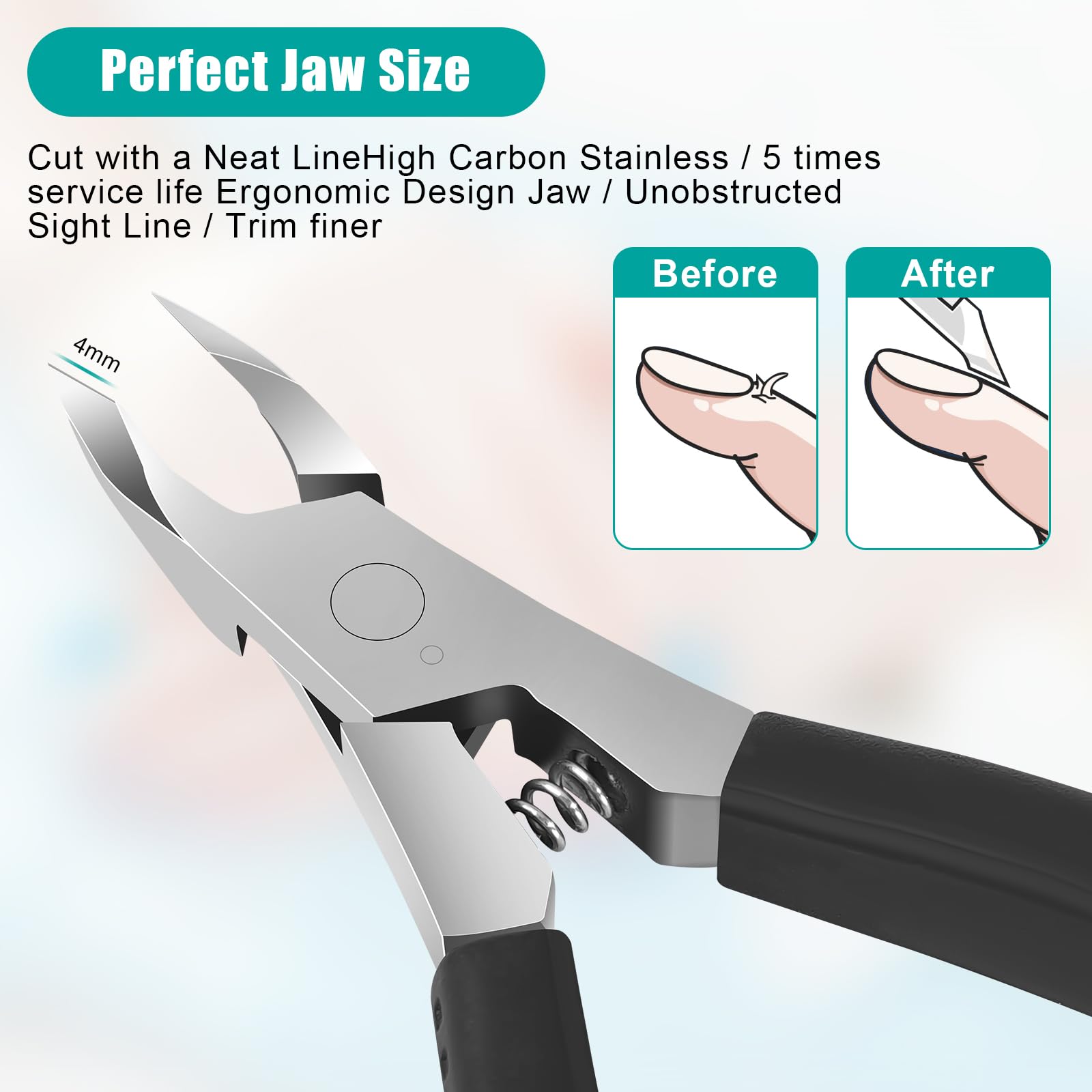 Side angle view of the professional nail care nipper showing the comfortable textured silicone grip
