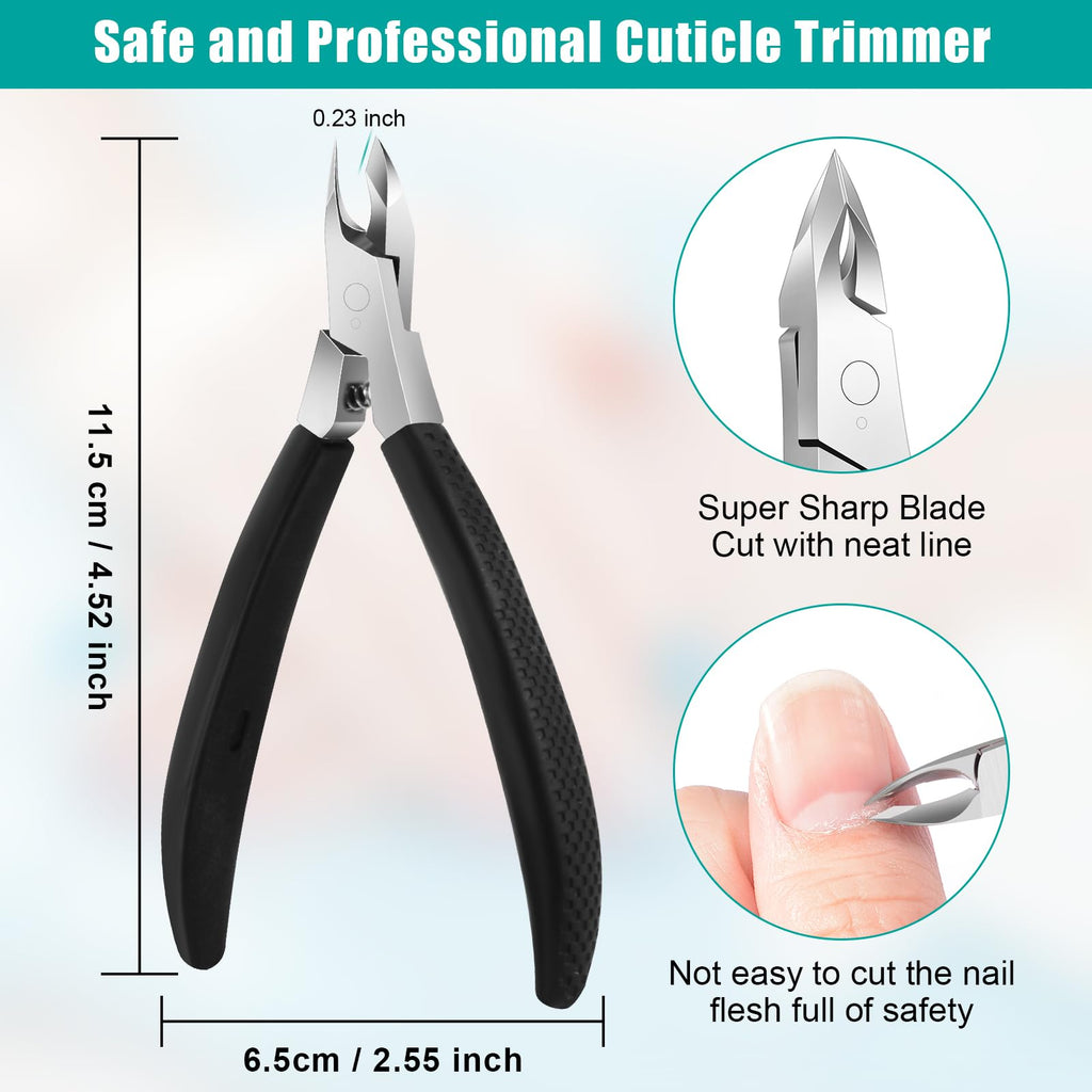 Ergonomic manicure trimmer held in hand to demonstrate the secure non slip handling and compact design