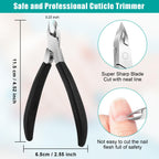 Ergonomic manicure trimmer held in hand to demonstrate the secure non slip handling and compact design
