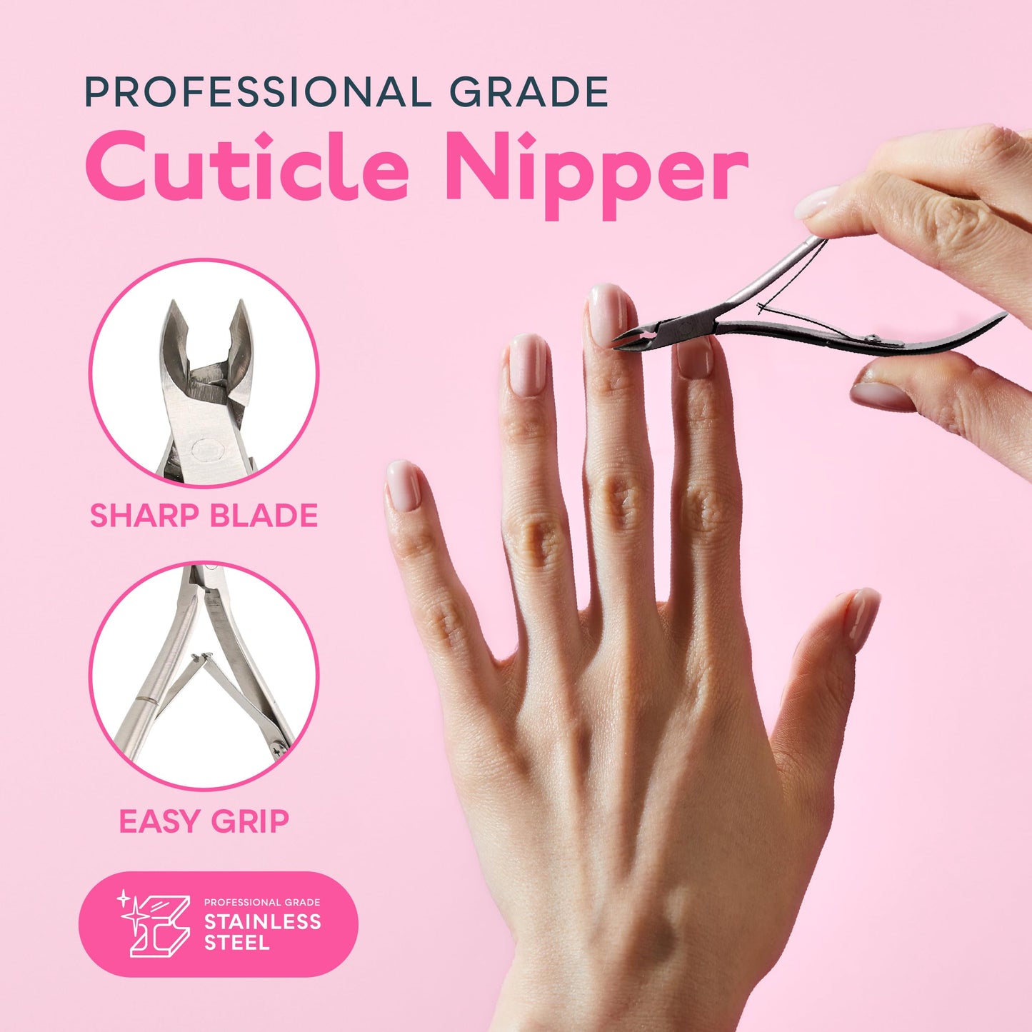 Dual-ended stainless steel cuticle pusher tool highlighting the contoured edge for nail bed prep
