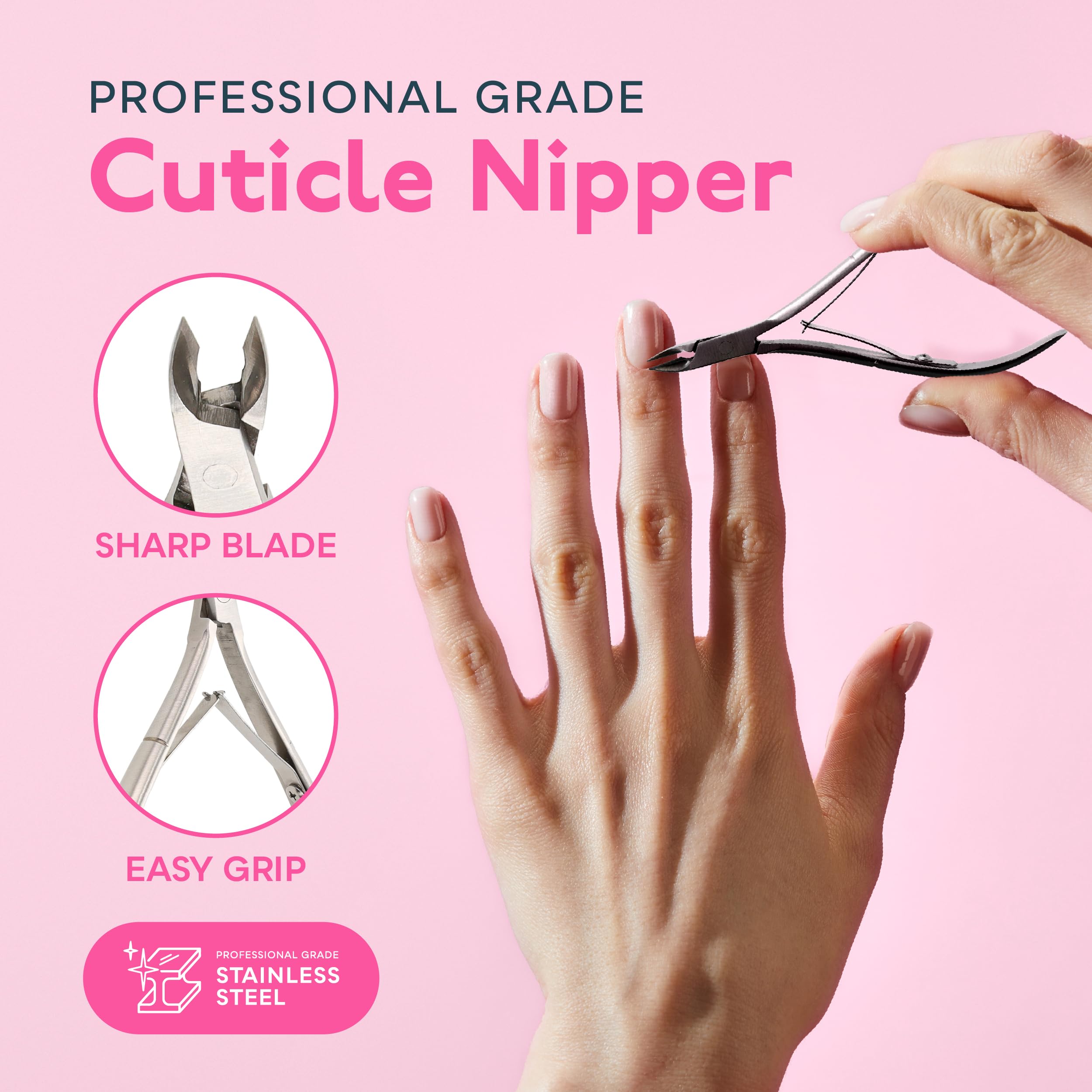 Dual-ended stainless steel cuticle pusher tool highlighting the contoured edge for nail bed prep