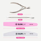 Complete packaging view of the imported SUNUV four piece personal nail care solution