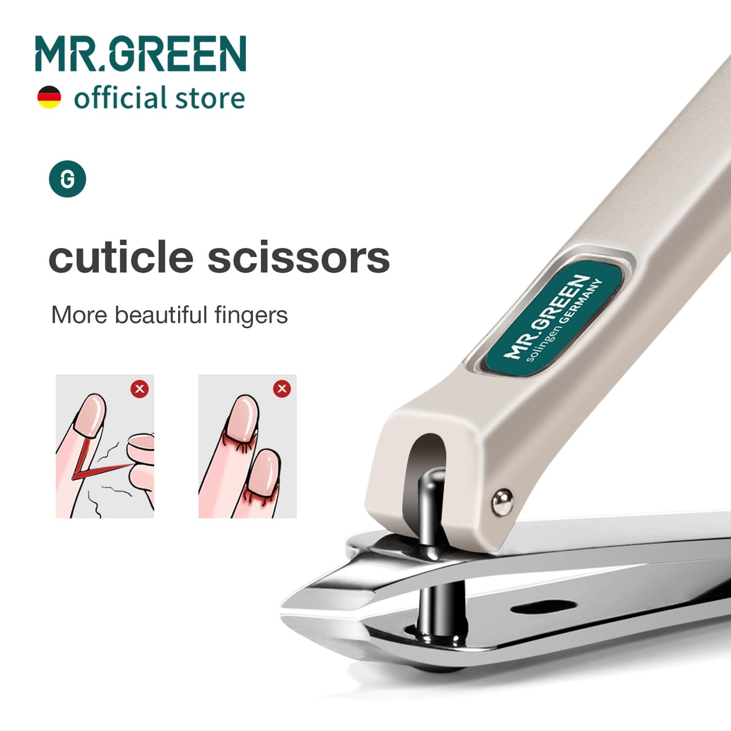 MR.GREEN oblique tip cuticle trimmer showing the bionic mantis ergonomic handle design