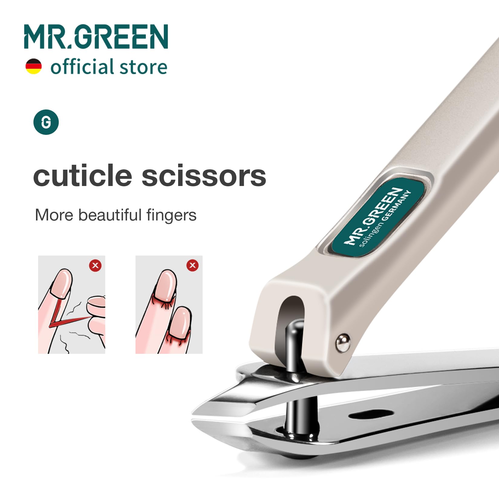 MR.GREEN oblique tip cuticle trimmer showing the bionic mantis ergonomic handle design