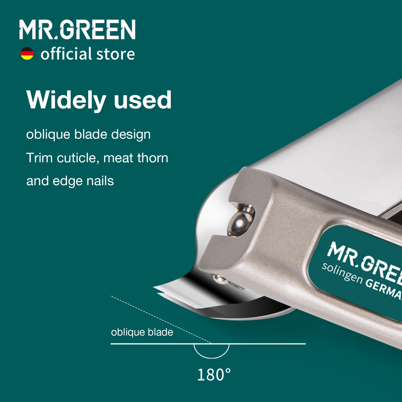 MR.GREEN stainless steel nail cutter demonstrating the built-in sliding anti-splash slot cover