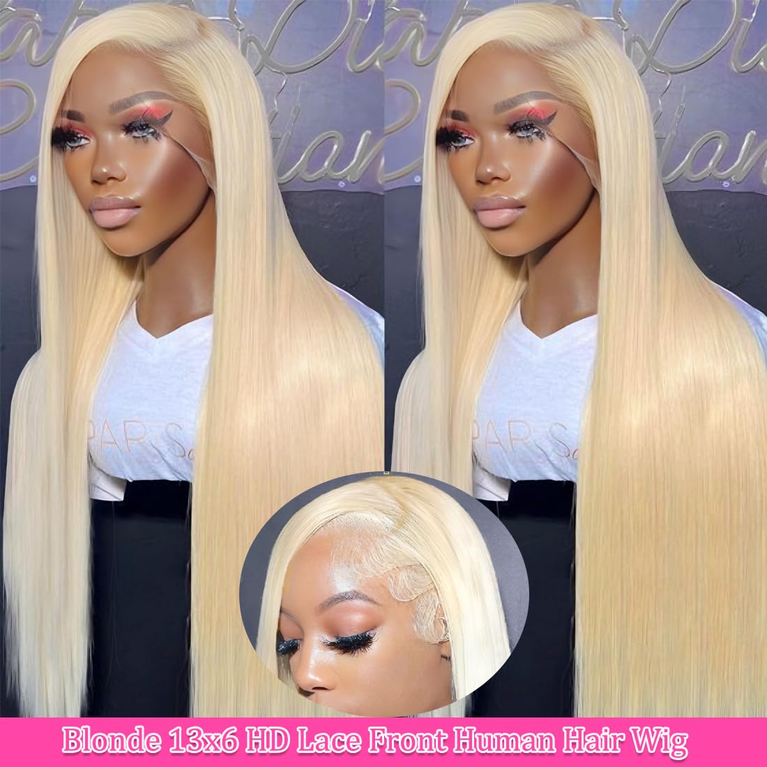 Close up of 13X6 HD transparent lace frontal on pre plucked blonde wig displaying natural hairline