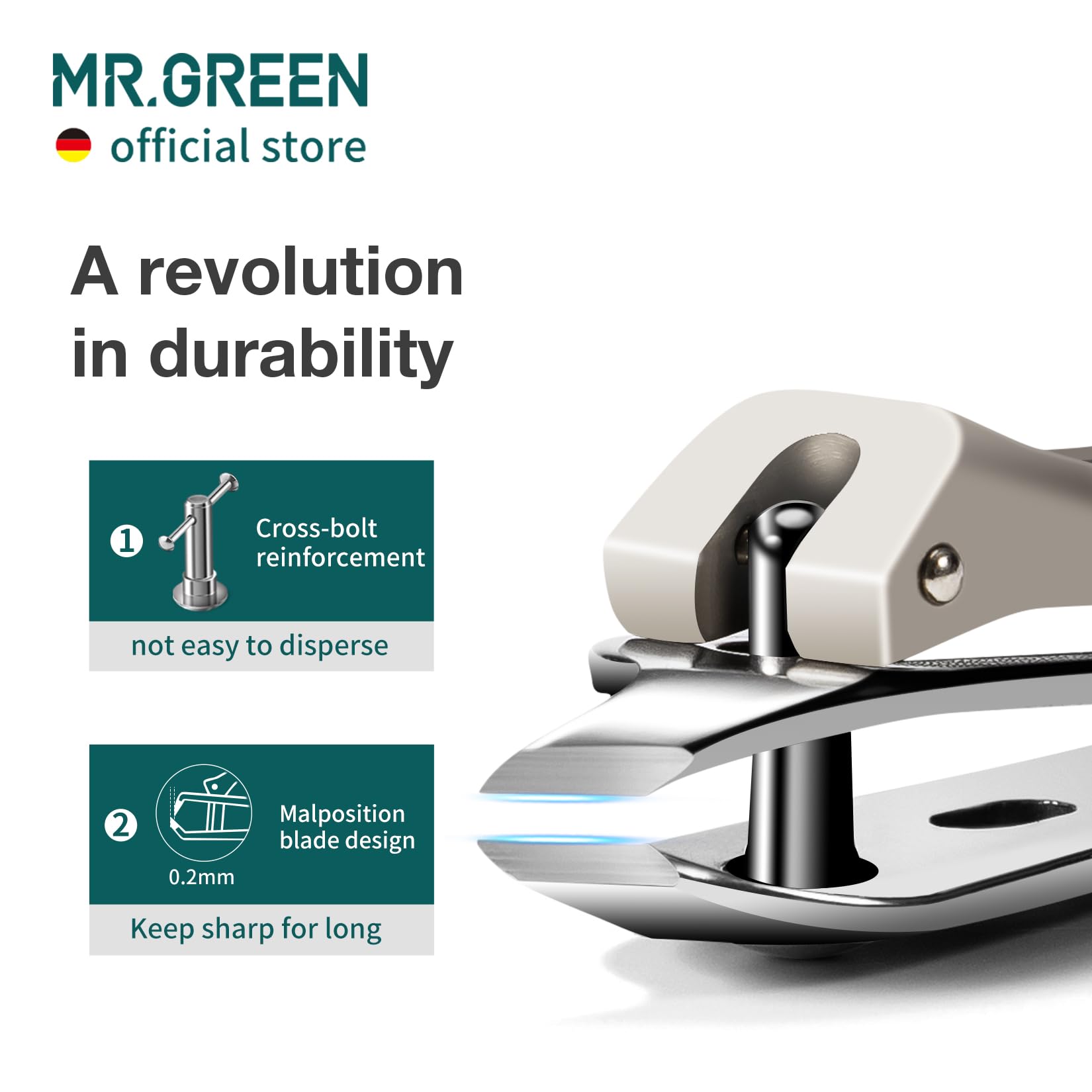 Close up view of the hand-finished incorrectly placed blades on MR.GREEN professional nail tool