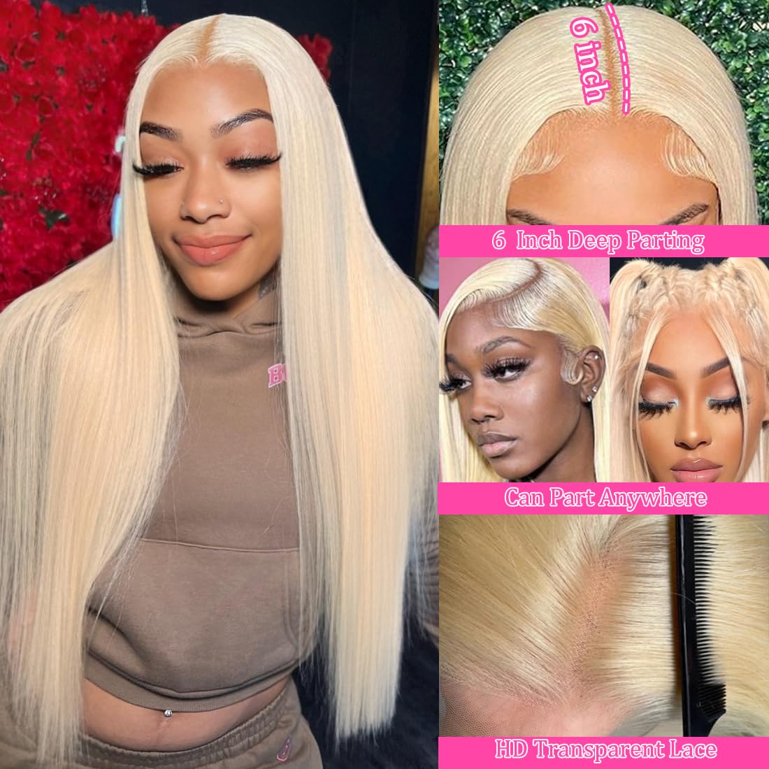 Back view of 180 percent density straight blonde human hair wig highlighting thickness and full length
