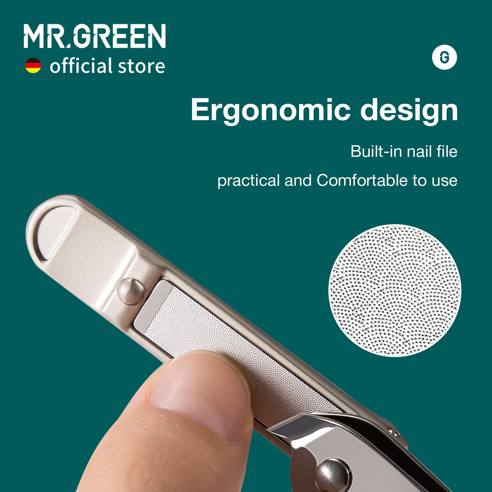 MR.GREEN model MR-1110 manicure tool showing the reinforced cross bolts and premium texture