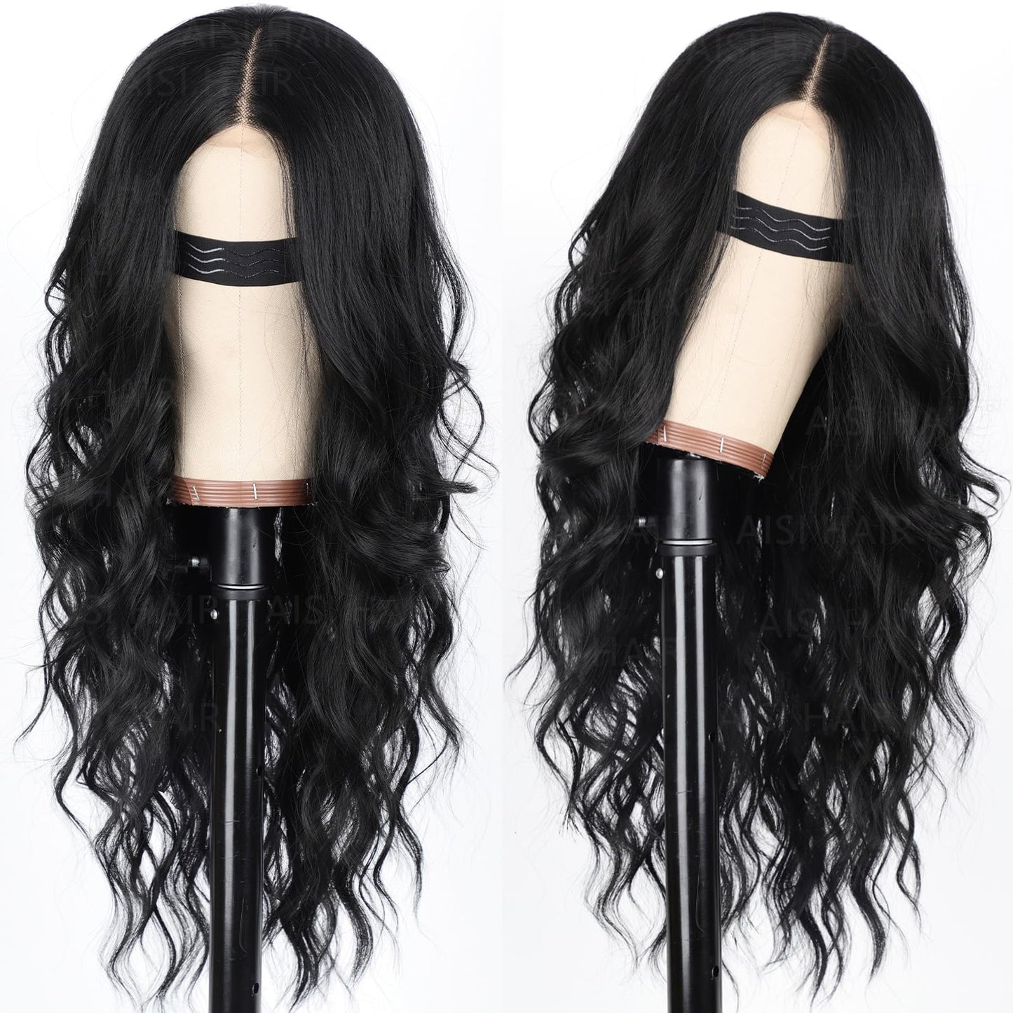 Close up view of the 26 inch synthetic heat resistant cascading black waves