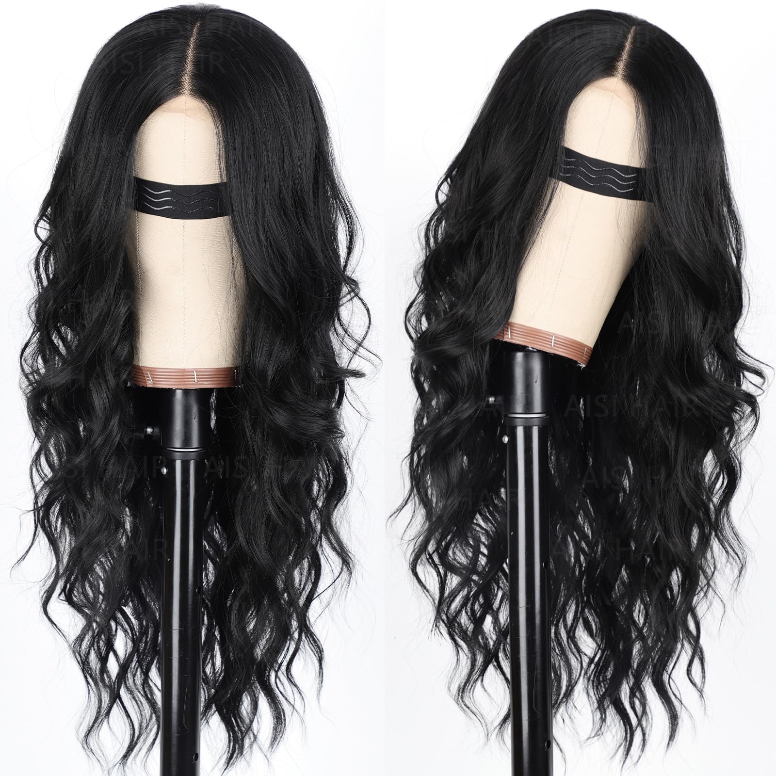 Close up view of the 26 inch synthetic heat resistant cascading black waves