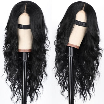 Close up view of the 26 inch synthetic heat resistant cascading black waves
