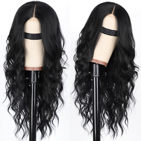 Close up view of the 26 inch synthetic heat resistant cascading black waves