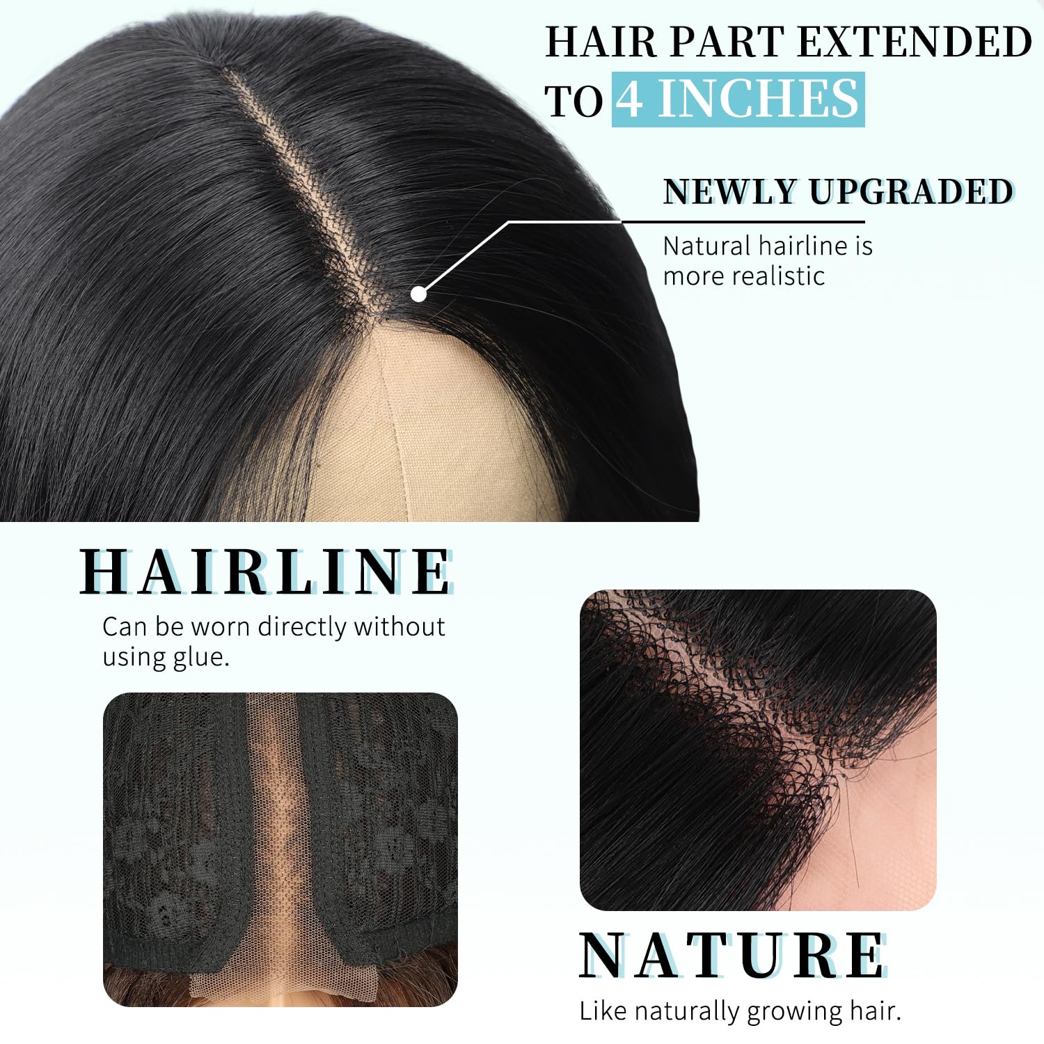 Side angle profile of the long black wavy lace hairline synthetic hairpiece