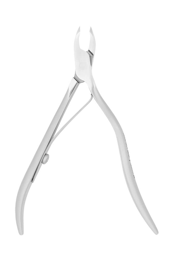 Staleks Pro SMART 80 cuticle trimmer emphasizing the unique asymmetrical curved ergonomic handle.