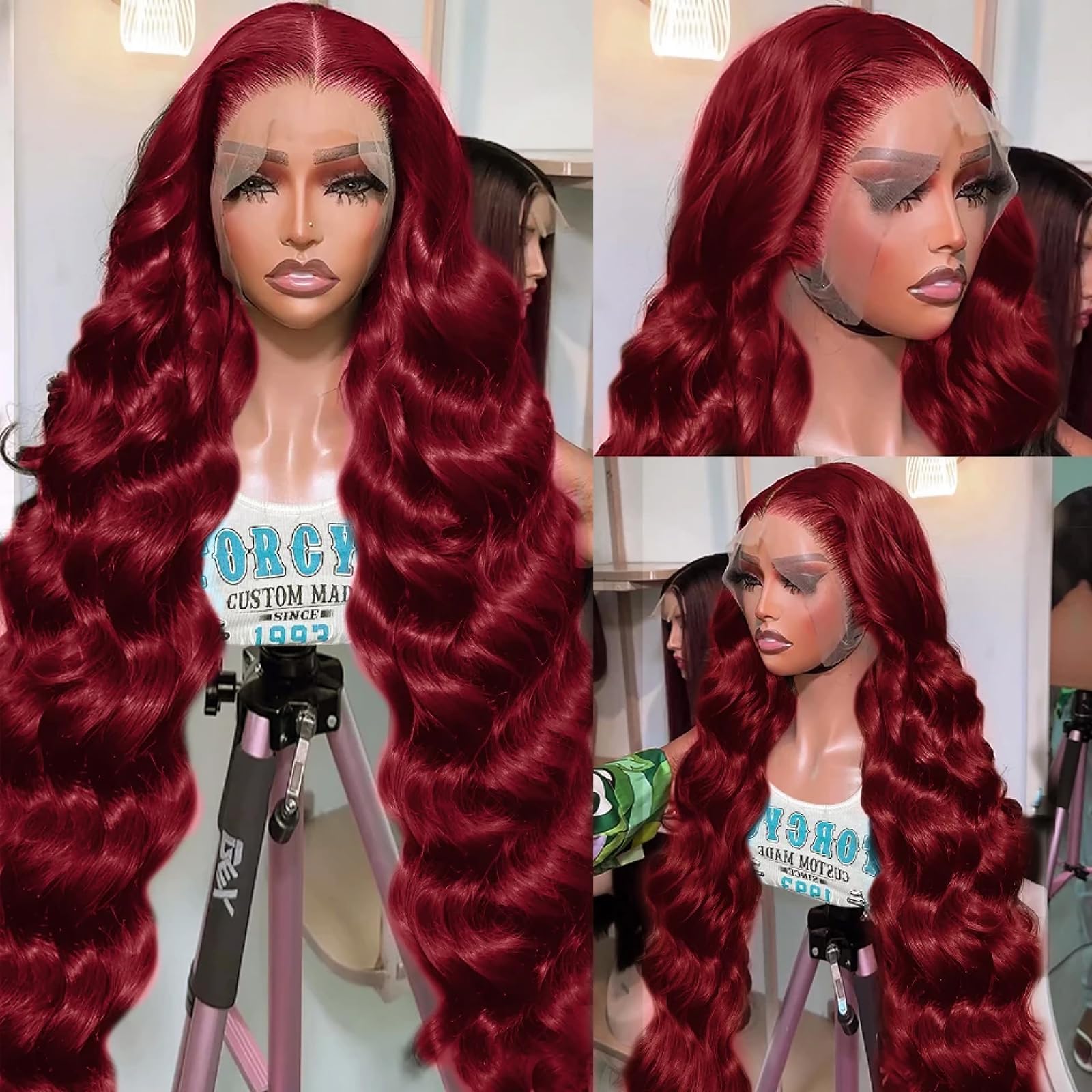 Close up look at the pre plucked natural hairline and transparent 13x6 Swiss lace on a burgundy wig