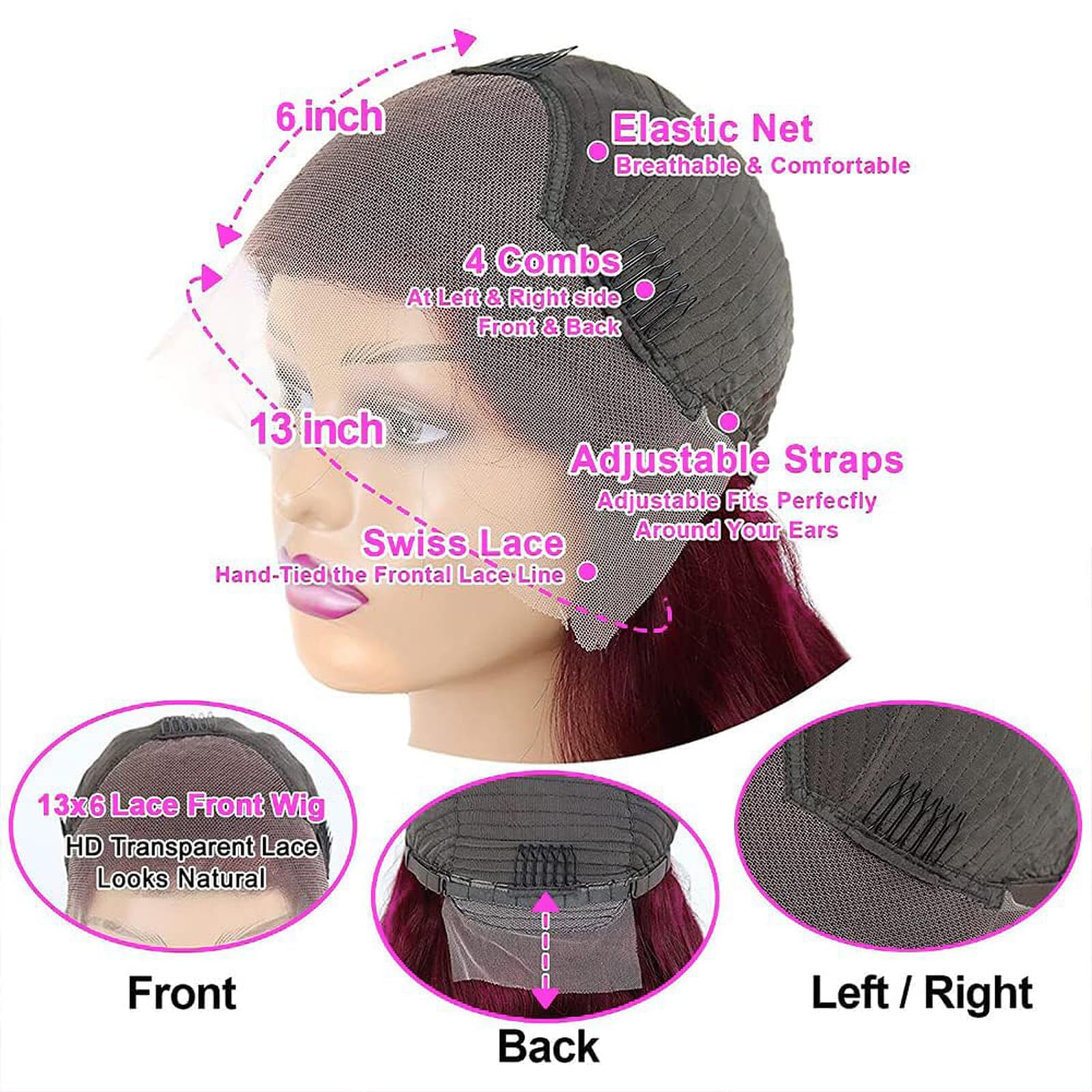 Back perspective of the long twenty eight inch 99J body wave human hair wig displaying 180 percent density volume