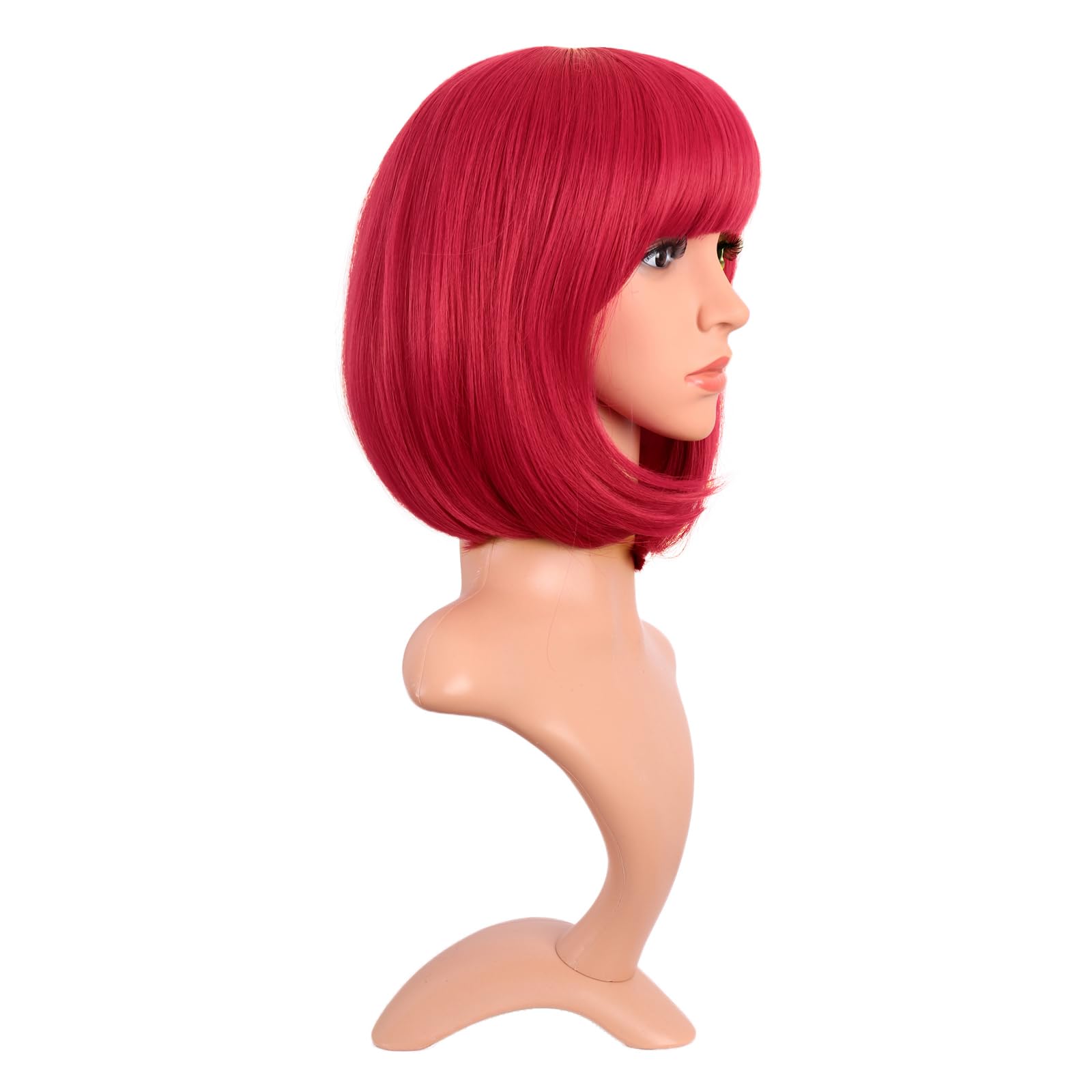 Side profile of MapofBeauty 30 cm bright red synthetic bob wig showcasing the sleek straight hair texture