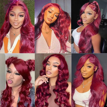 Model wearing the authentic QZOQZO burgundy human hair wig styled with a deep middle part configuration