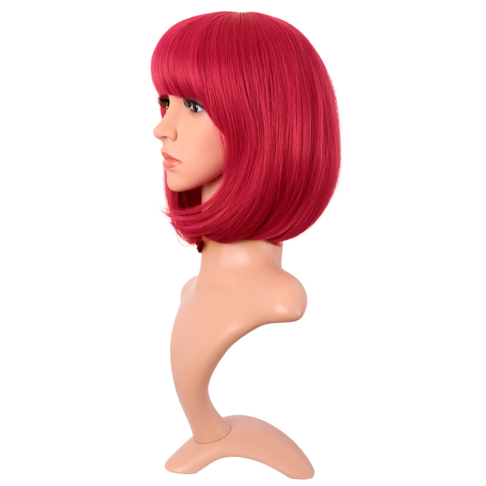 Close up look at the high temperature resistant synthetic fibers and precise flat bangs haircut of the red fashion wig