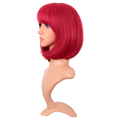 Close up look at the high temperature resistant synthetic fibers and precise flat bangs haircut of the red fashion wig