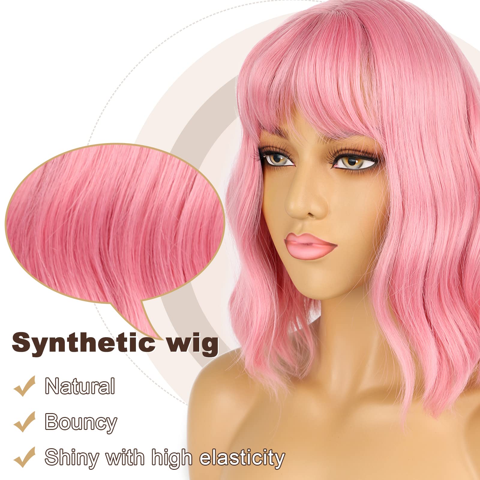 Close up view of the customizable five inch air bangs on the pastel pink bob hair extension