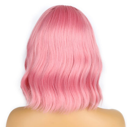 Back view of the fluffy and voluminous pink wavy bob showing uniform color distribution