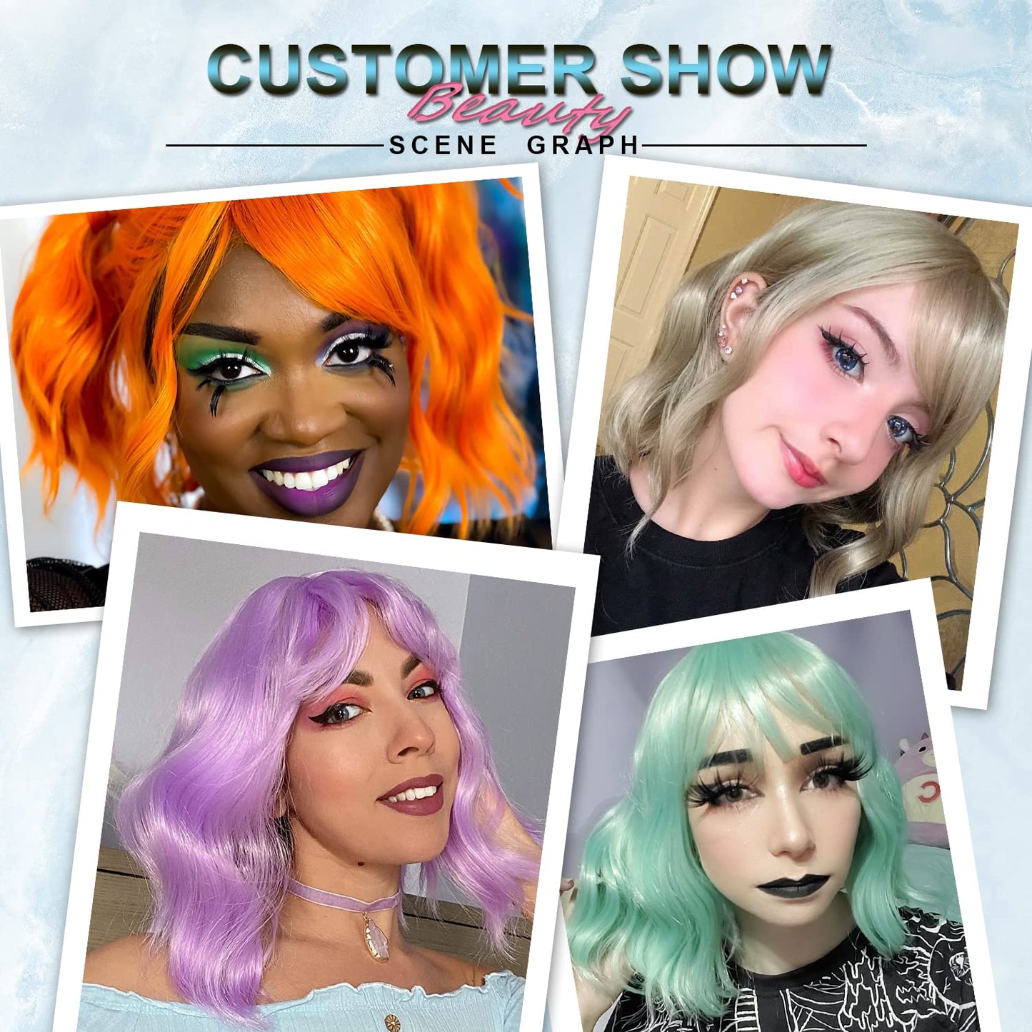 Packaging presentation of the imported colorful costume wig including protective hairnet accessories