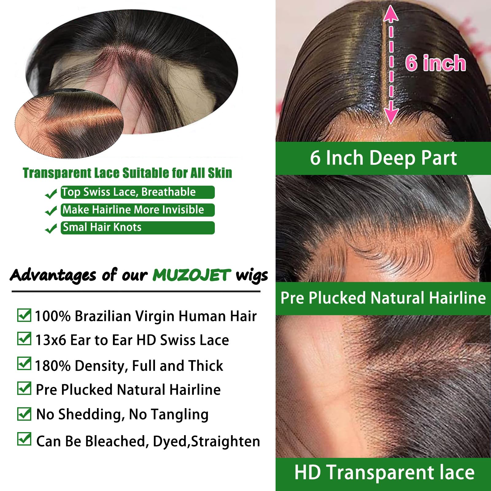 Close-up of the HD transparent lace frontal on a 26-inch human hair wig demonstrating scalp invisibility.