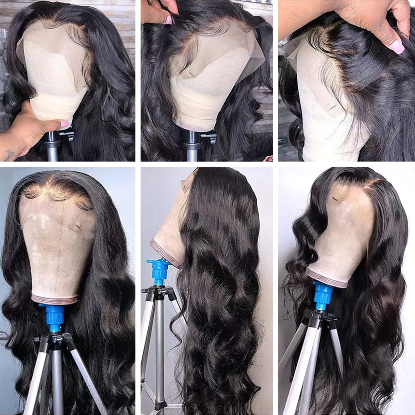 Back view of the 26 inch long black wave human hair frontal wig demonstrating true length styling.