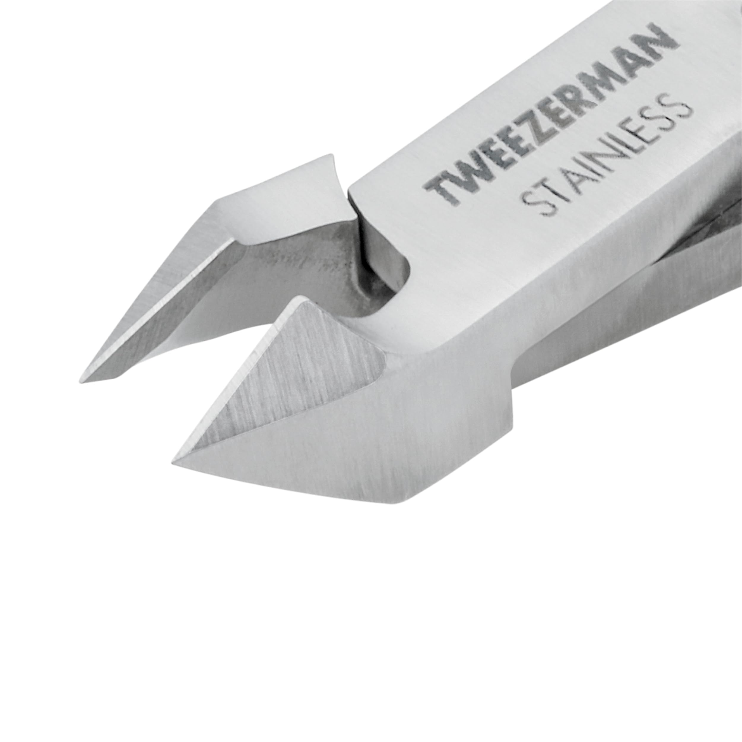 Close up view of Tweezerman professional nail grooming tool emphasizing the hand-filed half inch jaw blades