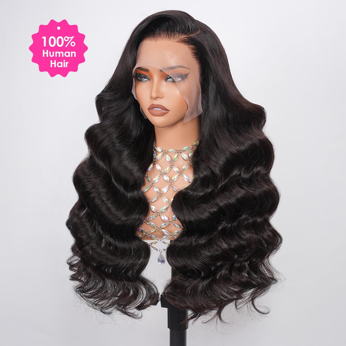 Close up view of thirteen by six inch HD transparent Swiss lace frontal on a mannequin.
