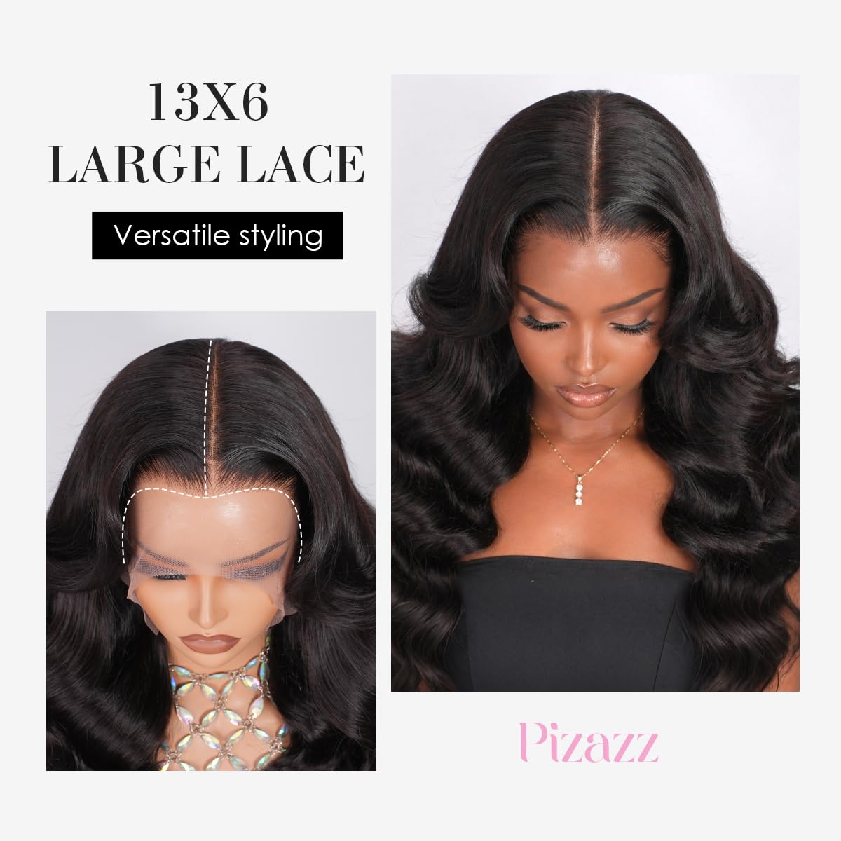 Side profile of twenty six inch long body wave human hair wig with high density volume.