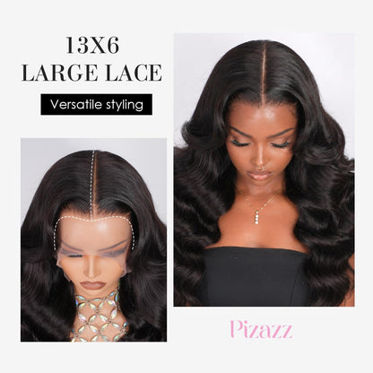 Side profile of twenty six inch long body wave human hair wig with high density volume.