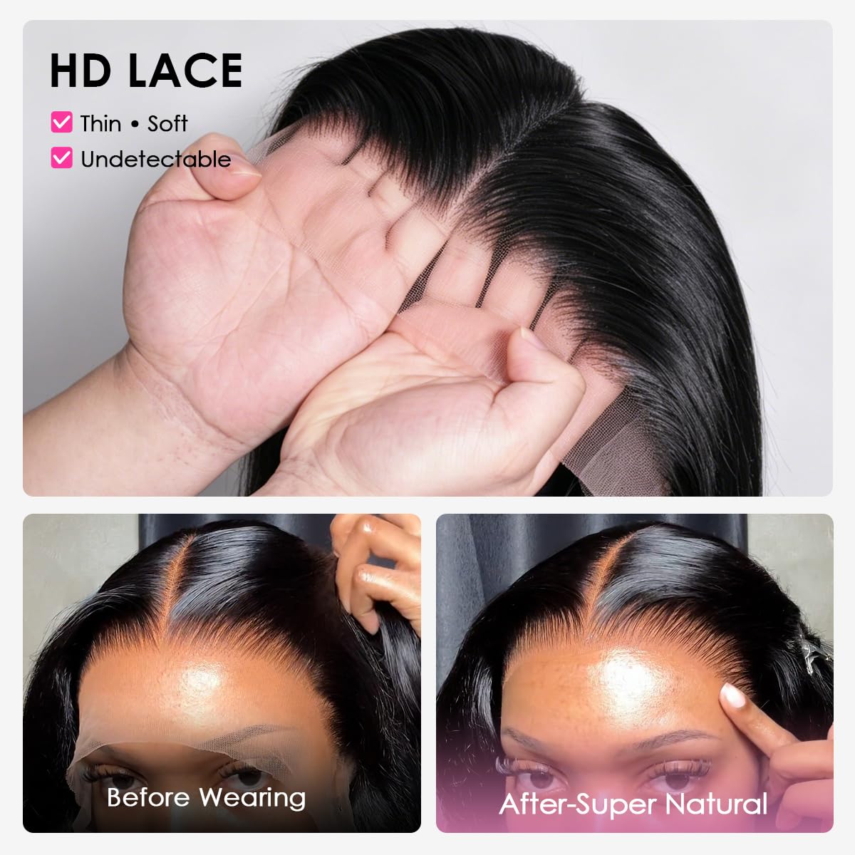 Detailed shot of pre plucked hairline with soft baby hairs for a realistic finish.