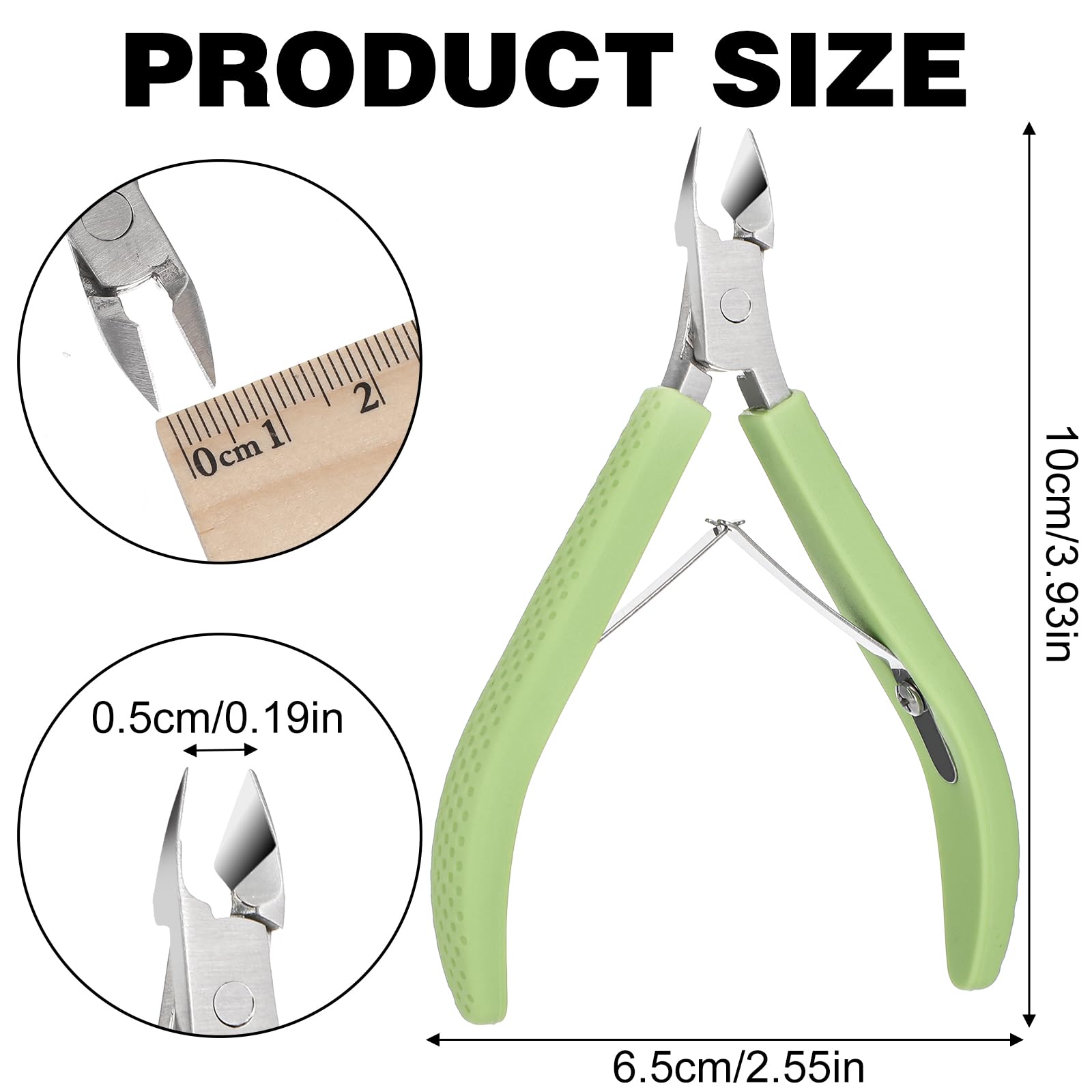 Close up view of the sharp stainless steel blades of the professional cuticle clippers.