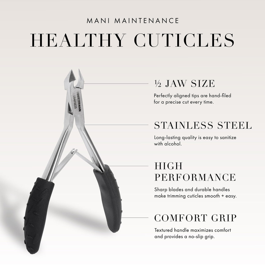 Tweezerman premium black and silver manicuring tool displayed on a clean white background for product detailing