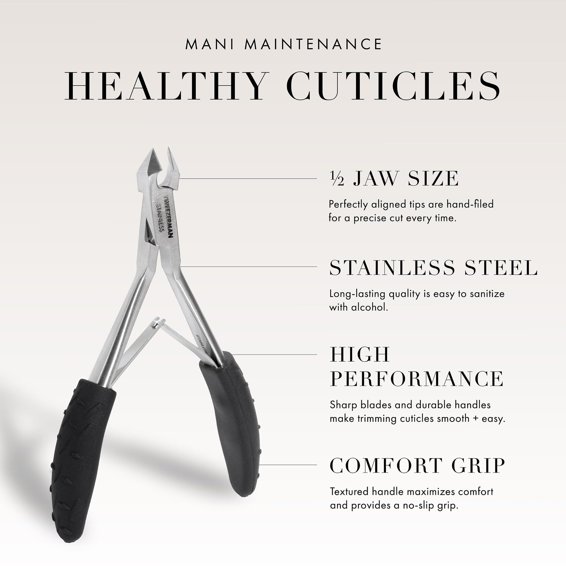 Tweezerman premium black and silver manicuring tool displayed on a clean white background for product detailing