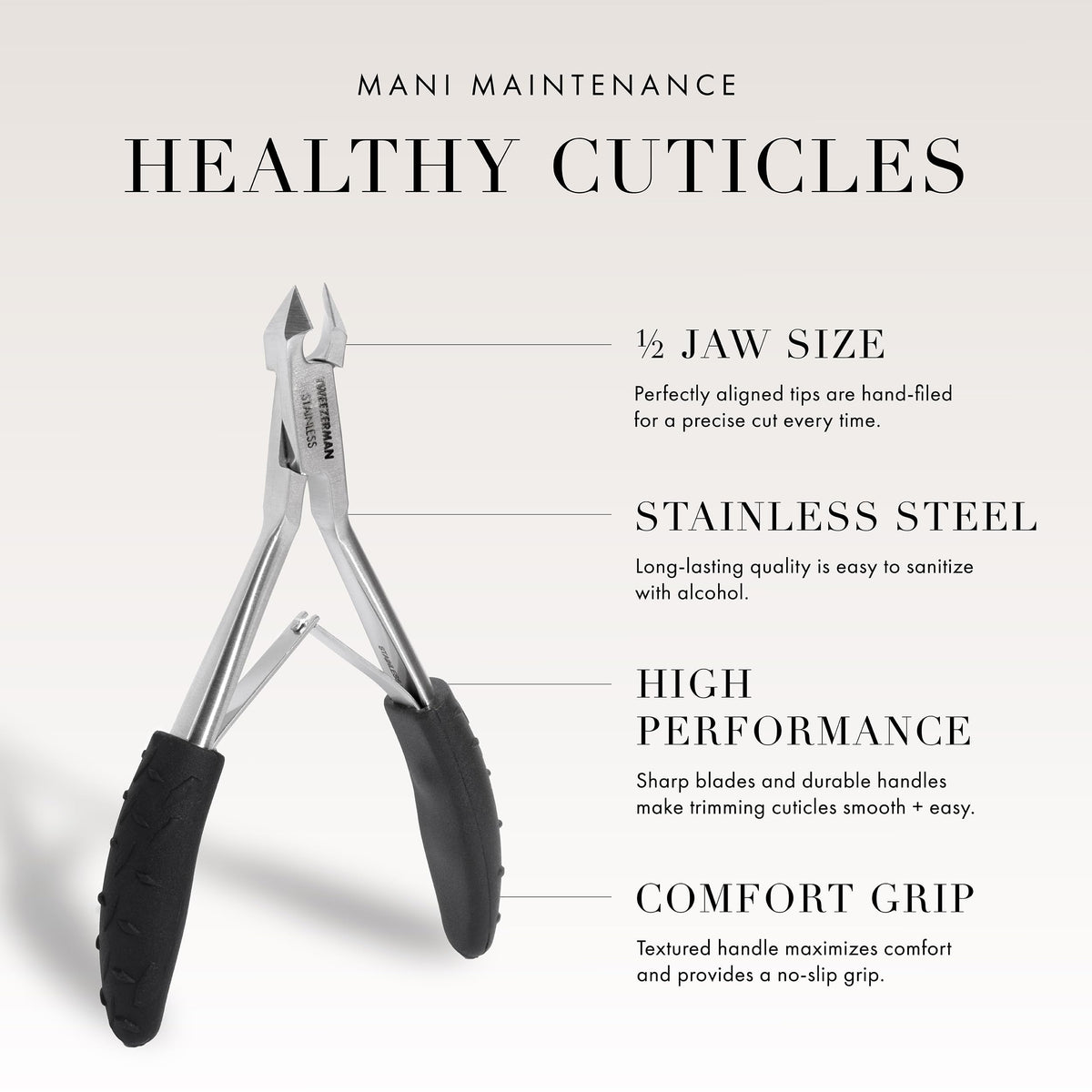 Tweezerman premium black and silver manicuring tool displayed on a clean white background for product detailing