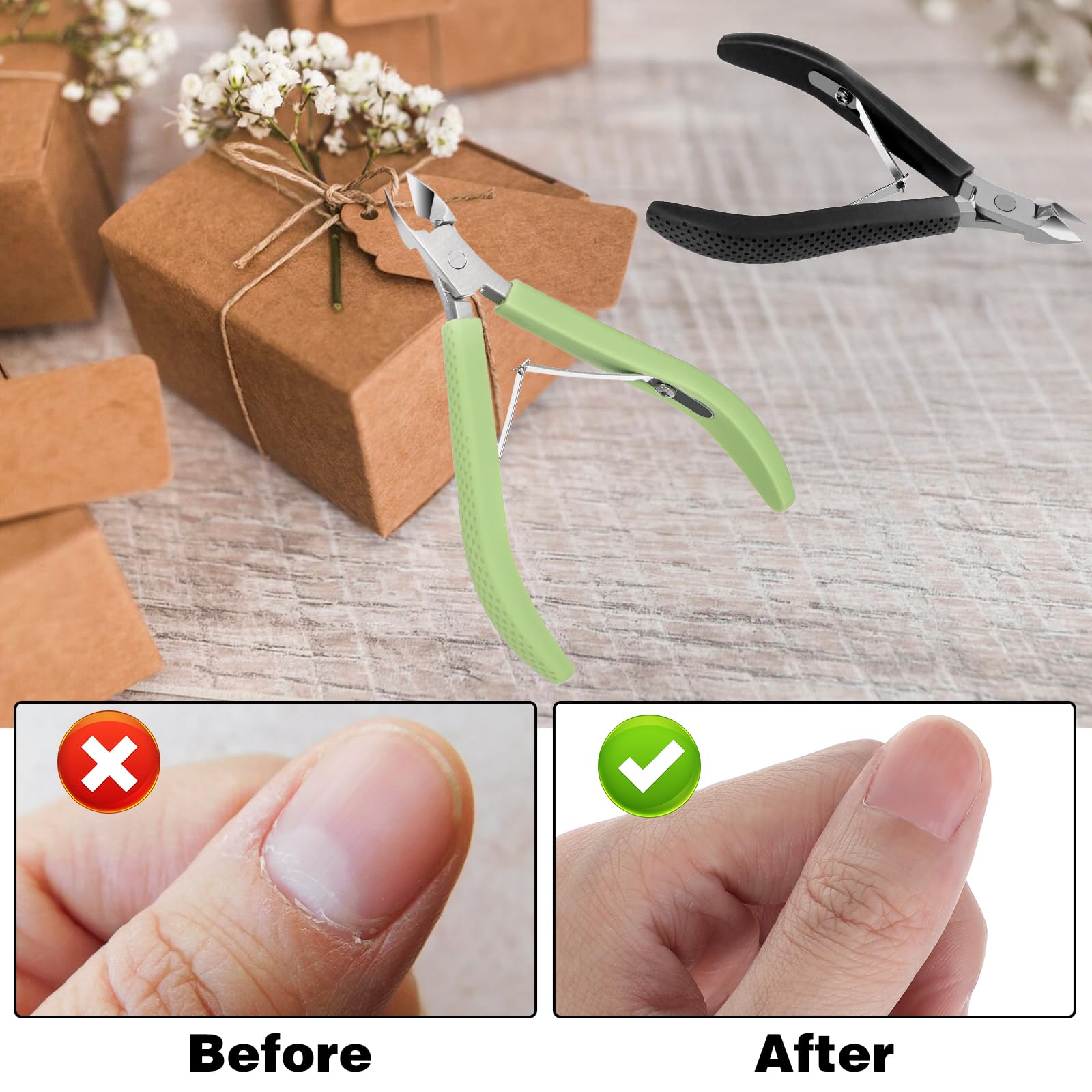 Stainless steel dead skin clippers demonstrating precise trimming on fingernails.