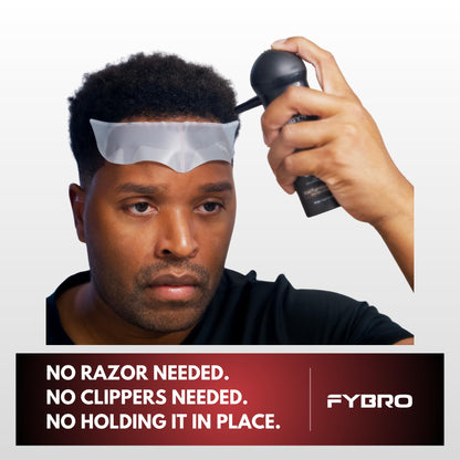Close-up of the FyBro shape up tool being aligned on the forehead for a clean barber lineup.