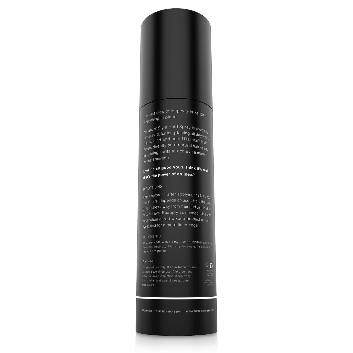 Side view of five ounce hair thickening fiber locking spray container