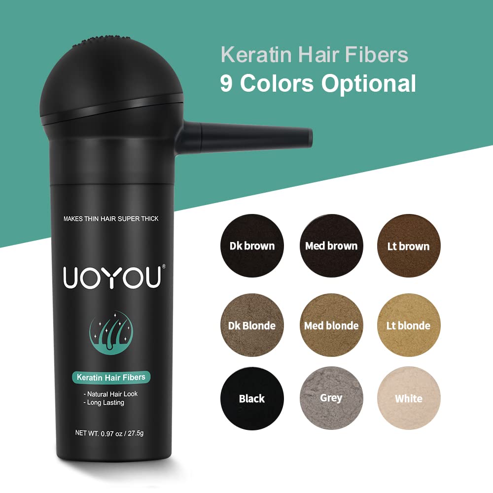 UOYOU hair loss concealer powder being applied with the specialized pump applicator on a thinning hair crown area.