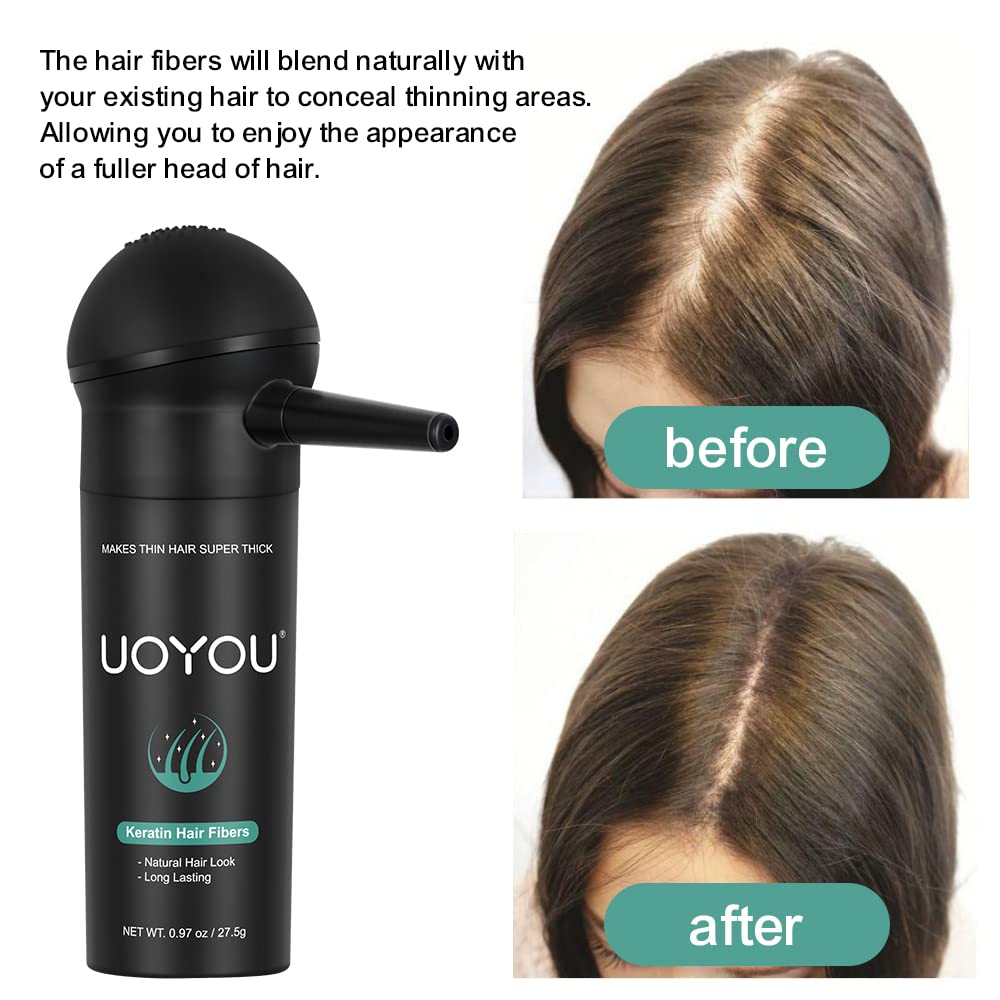 Before and after comparison using Dark Brown keratin hair building fibers to fill out a wide parting line.